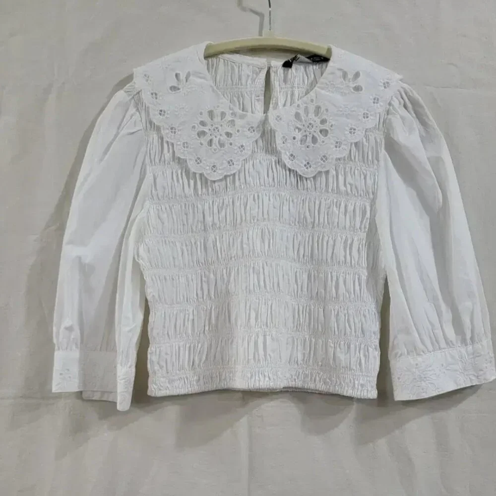 Zara White Smocked Top With Lace -Trimmed Collar Puff Sleeve